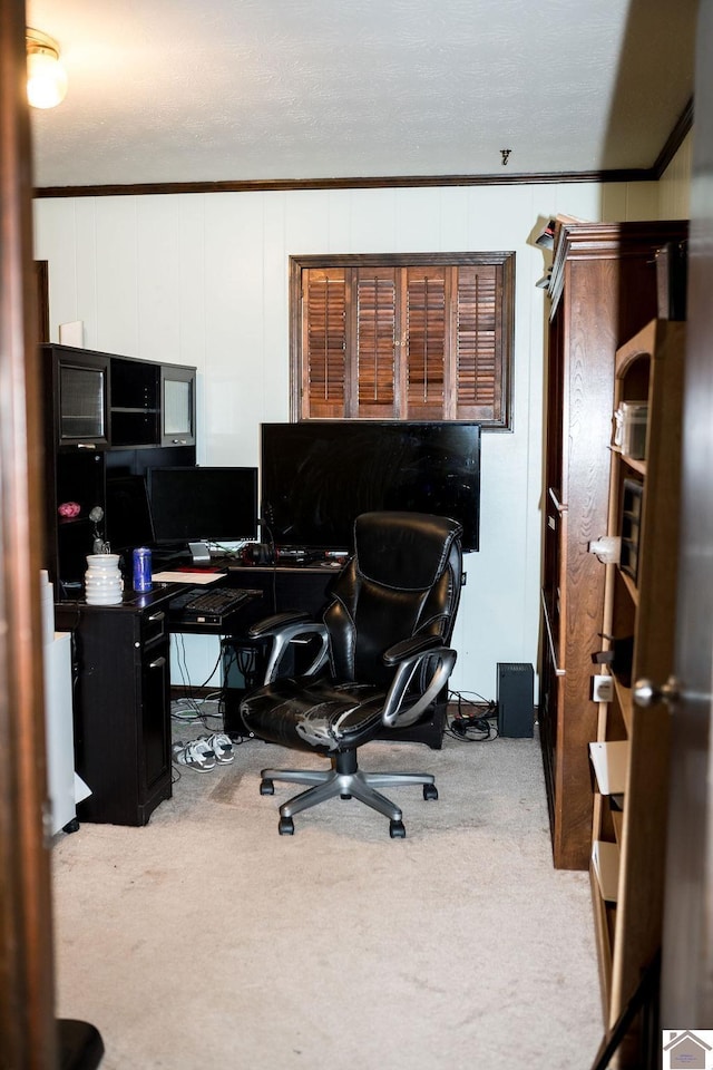 home office with carpet flooring and crown molding