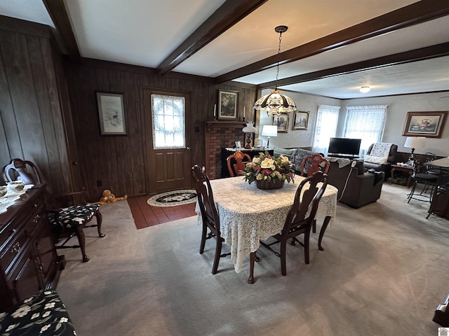 dining space featuring wooden walls, a healthy amount of sunlight, beam ceiling, and carpet floors