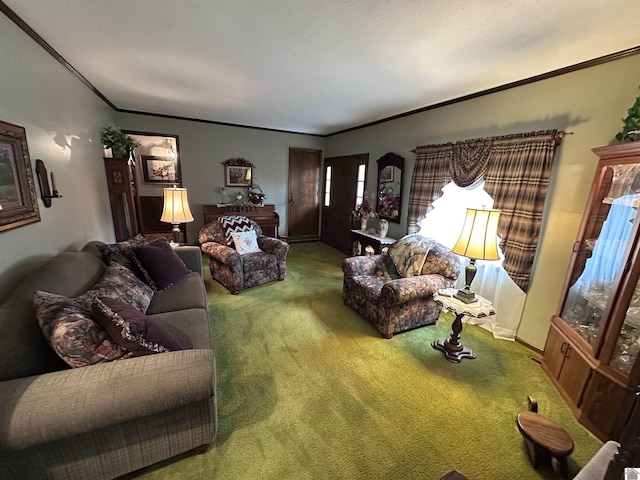 living room featuring crown molding and carpet