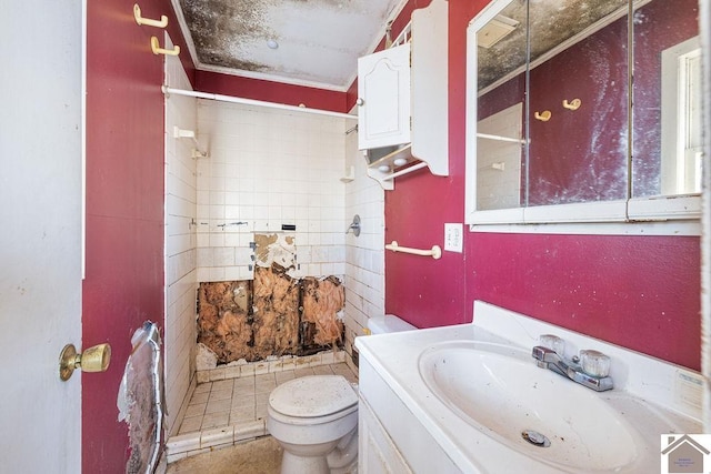 bathroom with vanity, tiled shower, and toilet