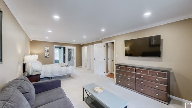 bedroom with light carpet and crown molding