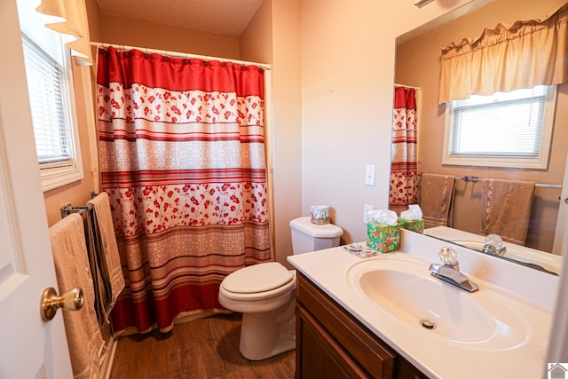 bathroom with a shower with curtain, wood-type flooring, vanity, and toilet