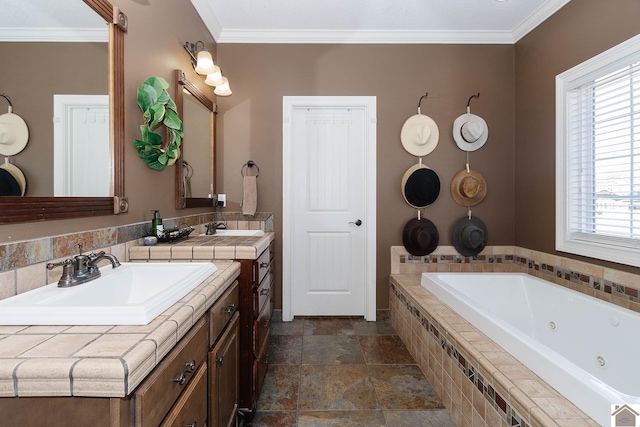 bathroom with vanity, crown molding, and a relaxing tiled tub