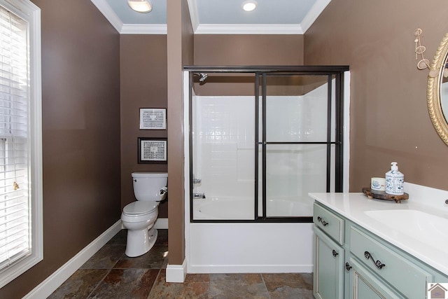 full bathroom with vanity, ornamental molding, enclosed tub / shower combo, and toilet