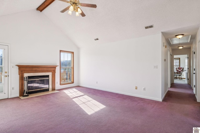 unfurnished living room featuring high vaulted ceiling, beamed ceiling, dark colored carpet, ceiling fan, and a textured ceiling