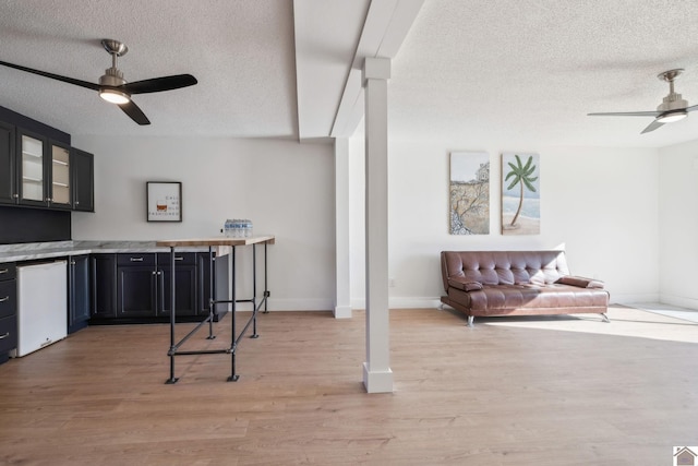 kitchen featuring ceiling fan, white dishwasher, light hardwood / wood-style floors, and a textured ceiling