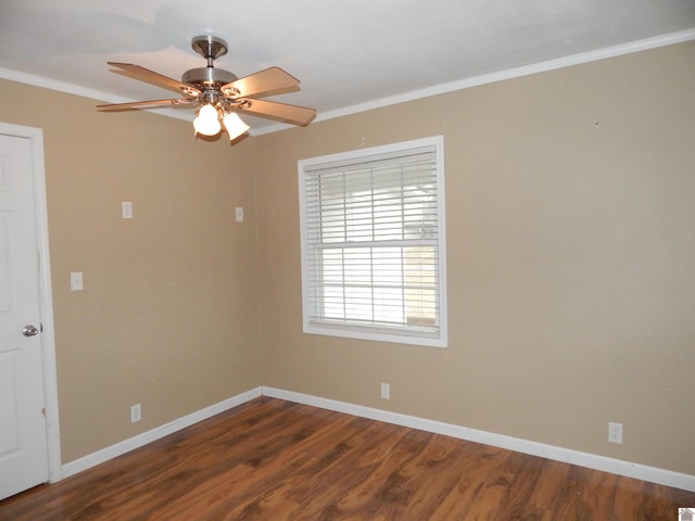 unfurnished room featuring crown molding, ceiling fan, and wood-type flooring