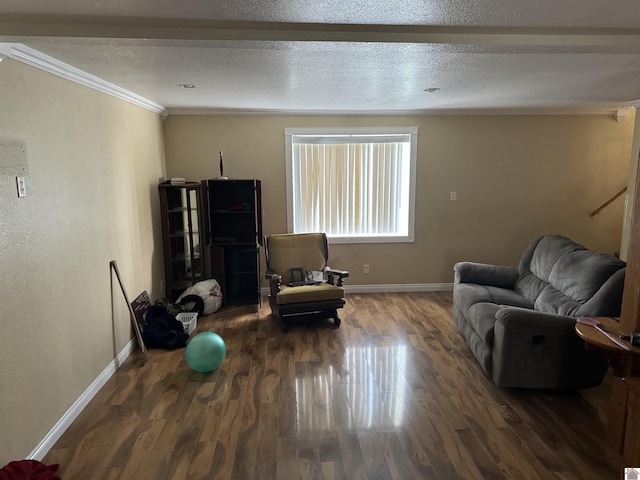 living area with hardwood / wood-style floors, ornamental molding, and a textured ceiling