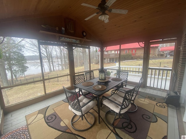 sunroom featuring lofted ceiling, wooden ceiling, ceiling fan, and a water view