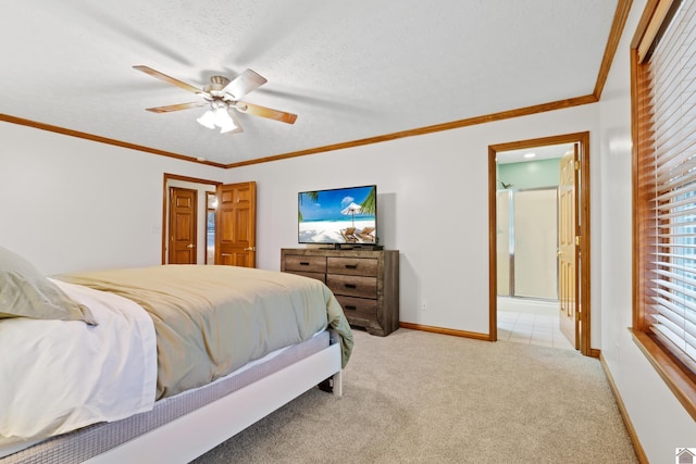 carpeted bedroom featuring crown molding, ceiling fan, and a textured ceiling