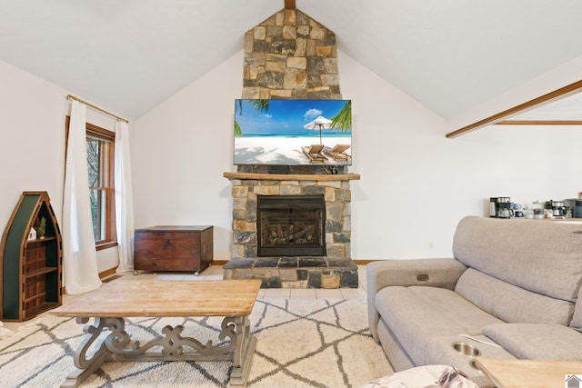 living room with a fireplace and high vaulted ceiling