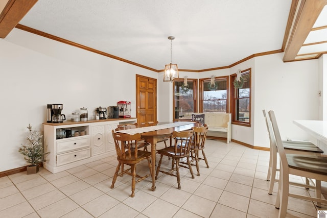 tiled dining room featuring crown molding, a textured ceiling, and a notable chandelier