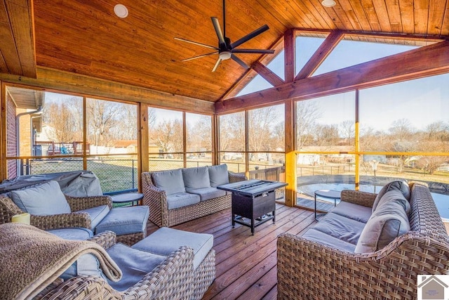 sunroom featuring vaulted ceiling, a wealth of natural light, ceiling fan, and wood ceiling