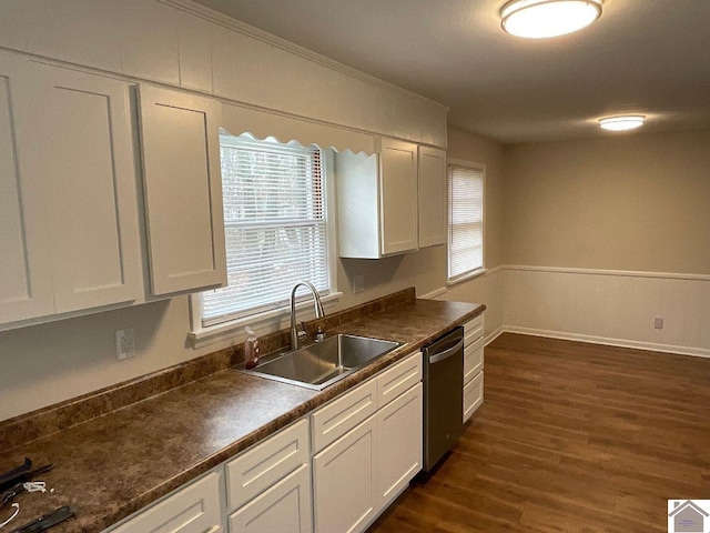 kitchen featuring white cabinetry, sink, stainless steel dishwasher, and dark wood-type flooring