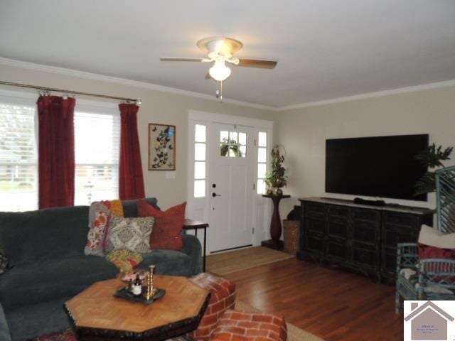 living room with hardwood / wood-style floors, ornamental molding, and ceiling fan