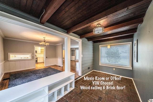 mudroom featuring an inviting chandelier, wood ceiling, crown molding, and beamed ceiling