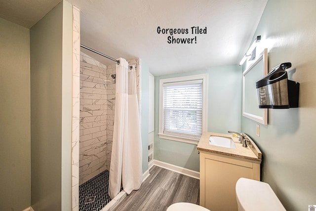 bathroom with vanity, wood-type flooring, toilet, and a shower with shower curtain