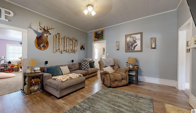 living room with crown molding and light hardwood / wood-style flooring