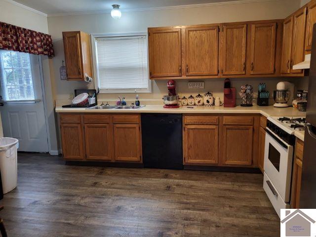 kitchen with black dishwasher, white gas range, light countertops, ornamental molding, and a sink