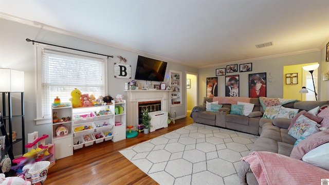 living room featuring hardwood / wood-style flooring and crown molding