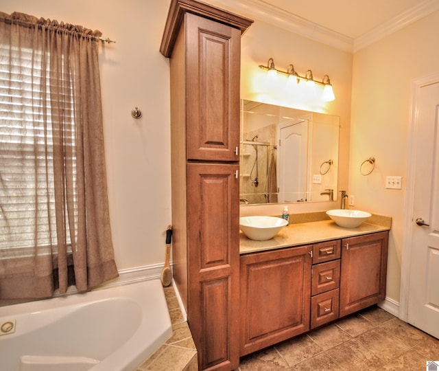 bathroom featuring ornamental molding, separate shower and tub, and vanity