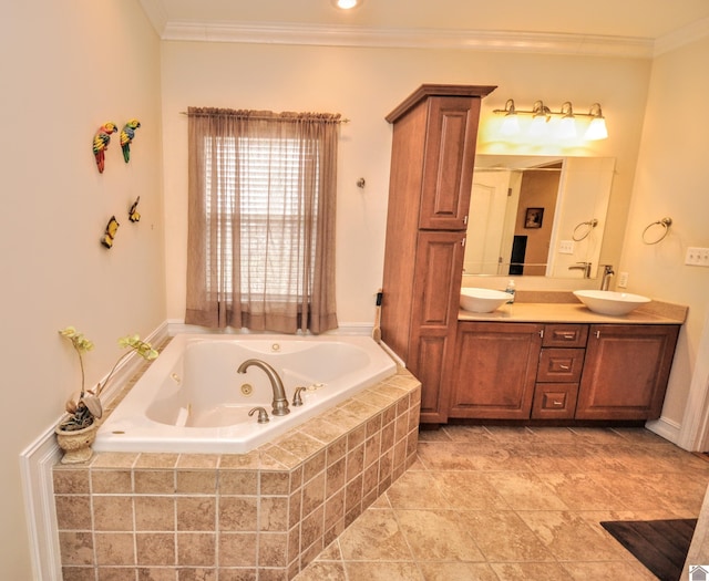 bathroom featuring crown molding, tiled bath, and vanity