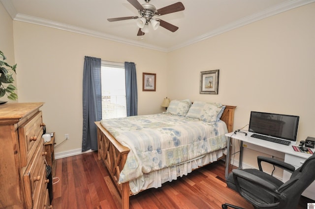 bedroom with crown molding, dark hardwood / wood-style floors, and ceiling fan