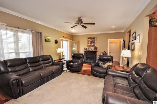 living room featuring ornamental molding, light wood-type flooring, and ceiling fan