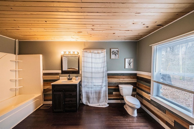 full bathroom with wooden ceiling, hardwood / wood-style flooring, vanity, toilet, and shower / bathtub combination with curtain