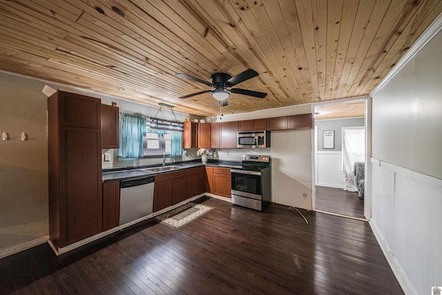 kitchen featuring appliances with stainless steel finishes, dark hardwood / wood-style floors, sink, and hanging light fixtures