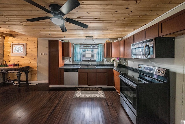 kitchen with sink, stainless steel appliances, dark hardwood / wood-style floors, and wooden ceiling