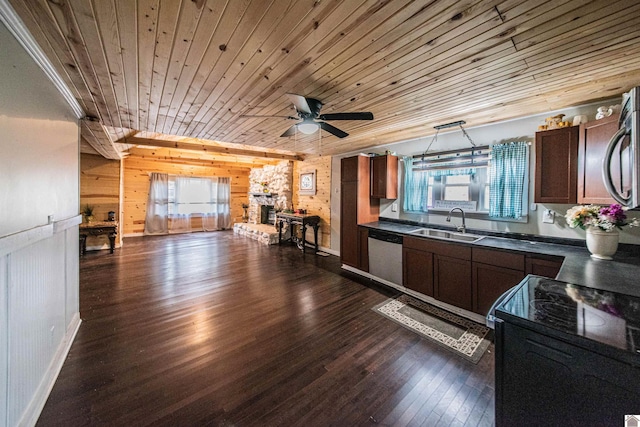 kitchen featuring sink, wooden ceiling, appliances with stainless steel finishes, dark hardwood / wood-style flooring, and ceiling fan