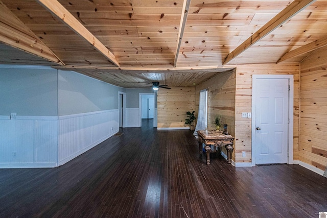 interior space with ceiling fan, dark wood-type flooring, wood ceiling, and wood walls