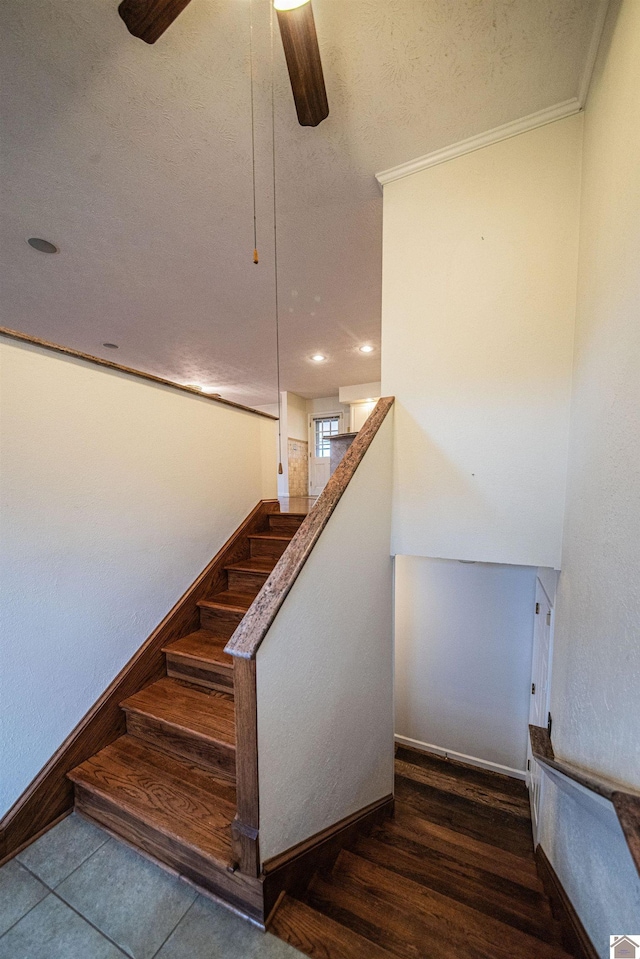 8200 Houser Rd, Boaz, Mccracken, KY 42027 - staircase with ceiling fan, ornamental molding, hardwood / wood-style floors, and a textured ceiling