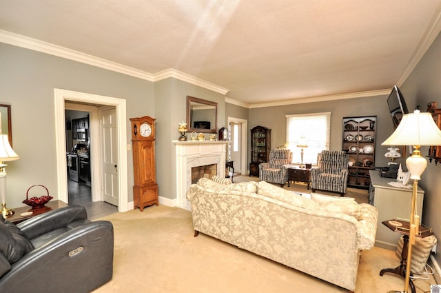 living room with crown molding and light carpet