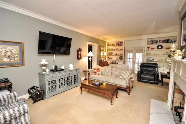 living room with crown molding, light colored carpet, french doors, and built in shelves