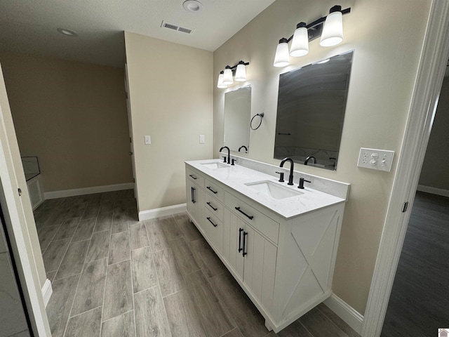 bathroom featuring vanity and hardwood / wood-style floors