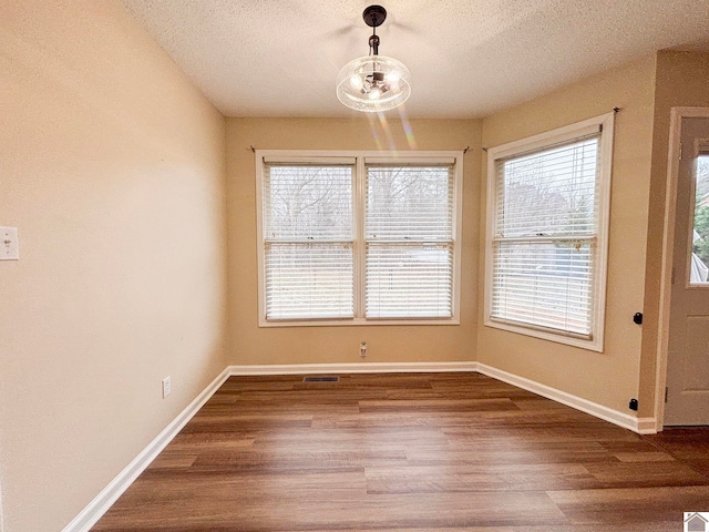 unfurnished dining area with hardwood / wood-style floors, a textured ceiling, and a wealth of natural light