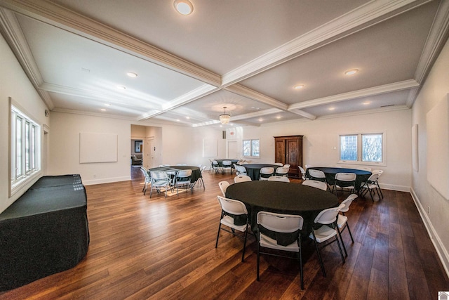 dining space with coffered ceiling, dark wood-type flooring, beamed ceiling, and a healthy amount of sunlight