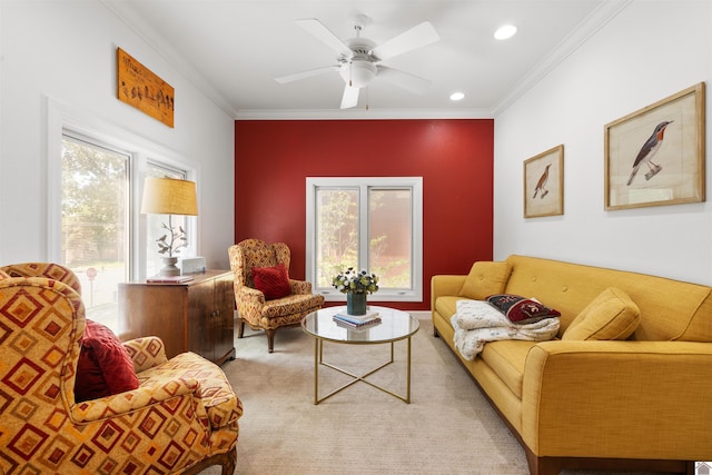 502 N 5th St, Paducah, KY 42001 - living area with crown molding, carpet, a ceiling fan, and recessed lighting