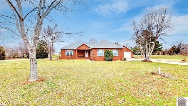 single story home with a garage and a front yard