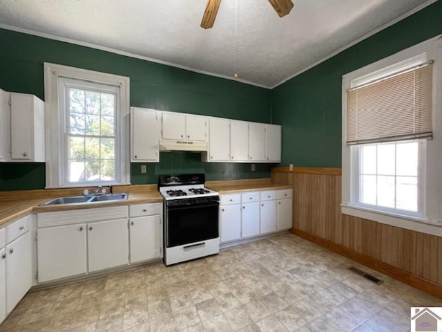 kitchen with wooden walls, sink, white gas range oven, and white cabinets