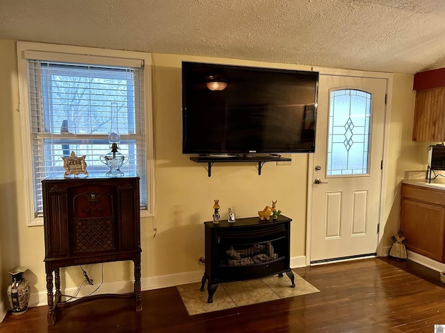 foyer entrance with wood-type flooring, a wood stove, and a textured ceiling