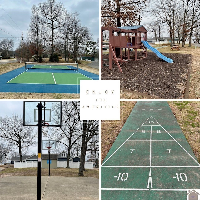 exterior space featuring tennis court and a playground