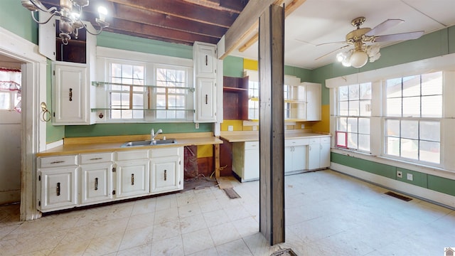 kitchen featuring ceiling fan, sink, and white cabinets