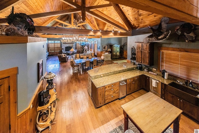 kitchen featuring lofted ceiling with beams, light hardwood / wood-style flooring, wooden ceiling, kitchen peninsula, and light stone countertops