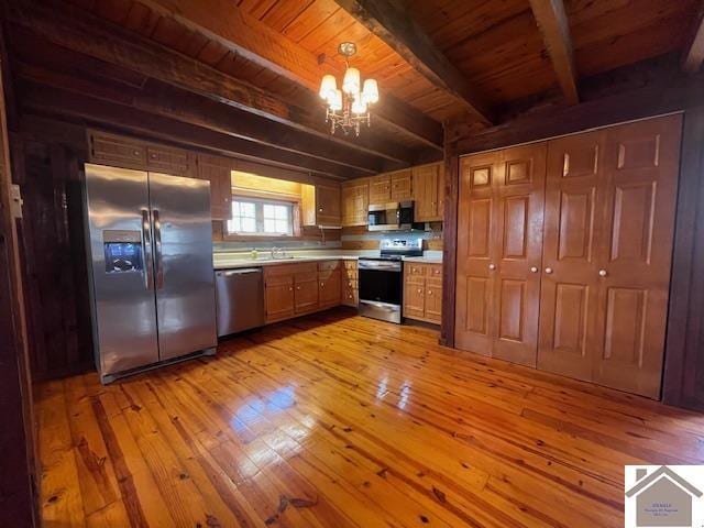 kitchen with appliances with stainless steel finishes, decorative light fixtures, light hardwood / wood-style flooring, and wooden ceiling