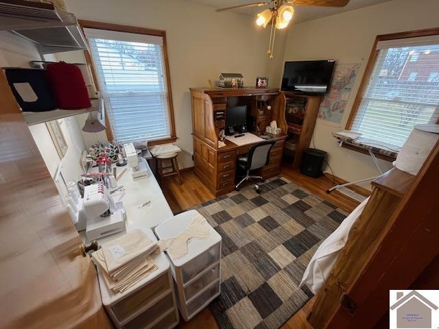 home office featuring hardwood / wood-style flooring and ceiling fan