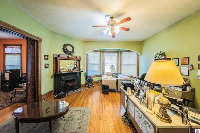 living room featuring light hardwood / wood-style floors and ceiling fan