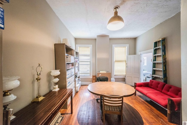 living area featuring hardwood / wood-style floors and a textured ceiling